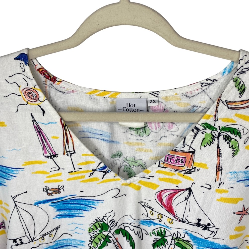Hot Cotton Woman 2X Beach Scene Tropical V-Neck 3/4 Sleeve Cotton Top White - Picture 4 of 11